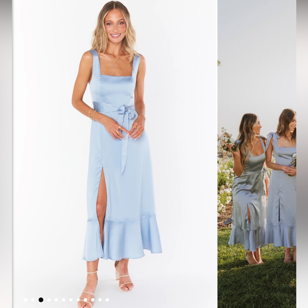 Show Me Your MuMu Claire Light Blue Satin Square Neck Midi Dress